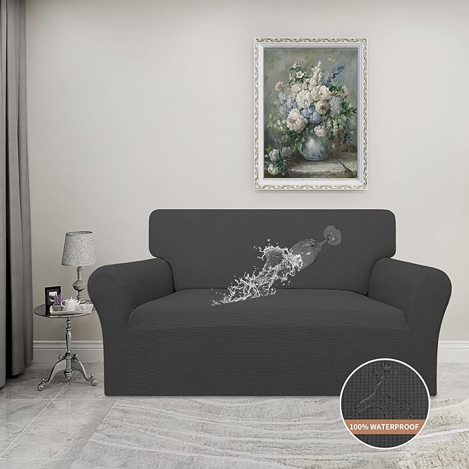 Easy-Going 100% Waterproof Loveseat Couch Cover, Dual Waterproof Sofa Cover, Stretch Jacquard Sofa Slipcover, Leakproof Furniture Protector for Kids, Pets, Dog and Cat (Loveseat, Dark Gray)