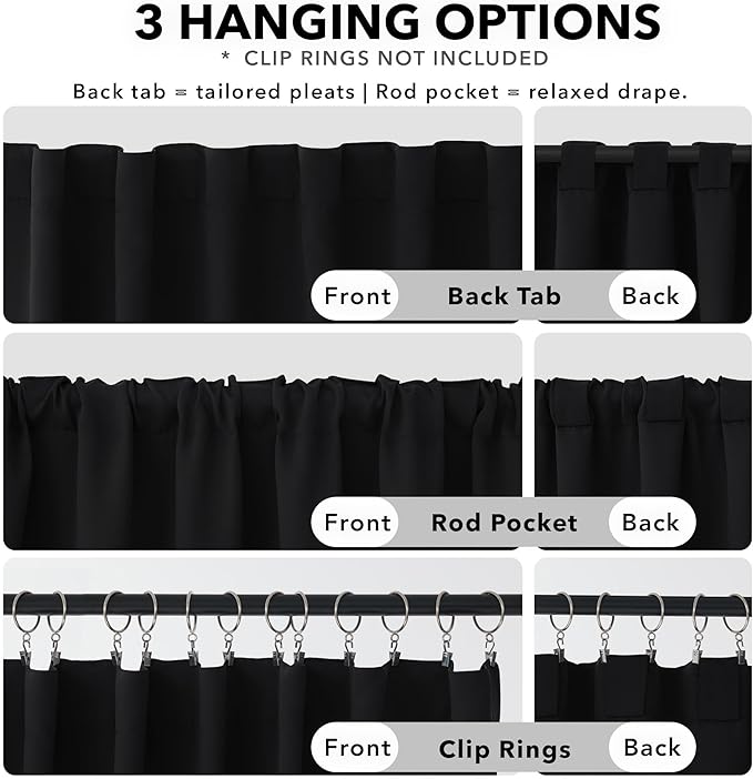 Deconovo Blackout Curtains, Thermal Insulated, W38 x L63 2 Panels, Back Tab, Machine Washable, Room-Darkening Drapes for Bedroom/Living Room Black