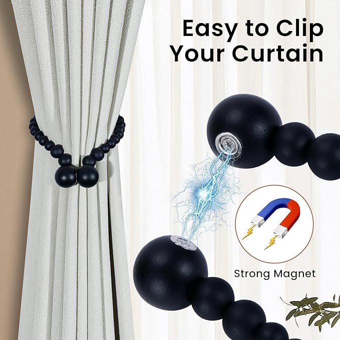 KLOGTSIND Magnetic Curtain Tiebacks, Curtain Tie Backs for Curtains 6 Pack, Wood Bead Curtain Tiebacks, Curtain Holders for Boho Bedroom Decor, Baby Nursery Decor, Farmhouse Decor