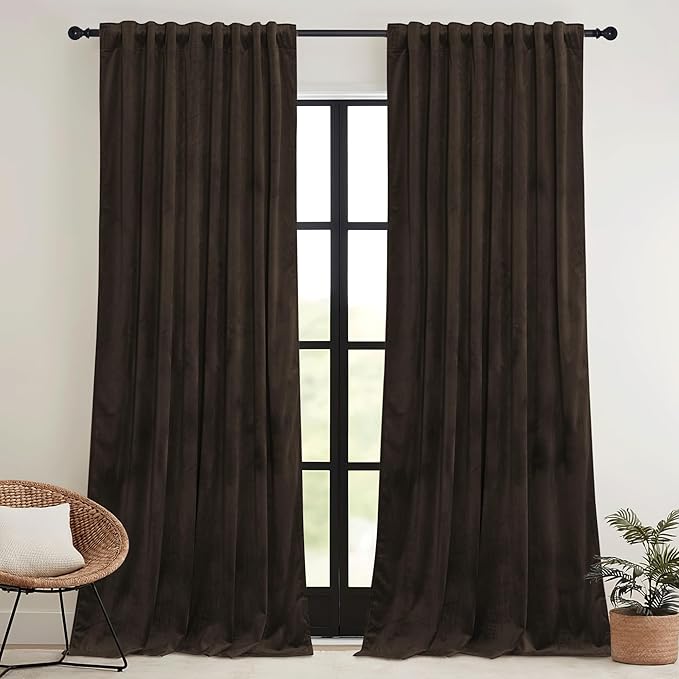 RYB HOME Brown Velvet Curtains 84 inches with Hook Belt, Soft Fabric Room Darkening Thermal Insulated Luxurious Home Decor Curtains for Living Room Bedroom, W 42" x L 84", 2 Panels Set