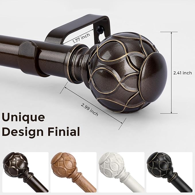 Bronze Curtain Rod, Heavy Duty 1 Inch Decorative Curtain Rods for Windows 30 to 56 Inch, Single-Side Adjustable Vintage Rustic Antique Brown Drapery Pole with Netted Texture Finials