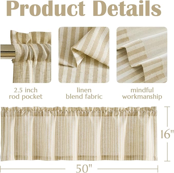 jinchan Valance Curtain Linen Textured Striped Window Curtain for Living Room Light Filtering Farmhouse Valance for Kitchen Rod Pocket 1 Panel 16 Inch Beige on Linen 1 Panel