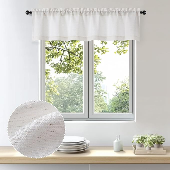 OWENIE Bob 1 PCS Natural Valances for Windows, Faux Linen Textured Kitchen Window Curtains Valance for Bedroom Living Room, Modern Soft Airy Solid Rod Pocket Bathroom Cafe Curtain, 60Wx14L Inch