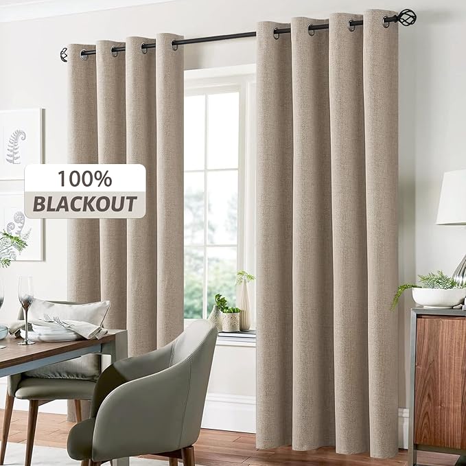 Yakamok Natural Linen Curtains 100% Blackout 96 Inches Long,Room Darkening Textured Curtains for Living Room Thermal Grommet Bedroom Curtains 2 Panels with Greyish White Liner