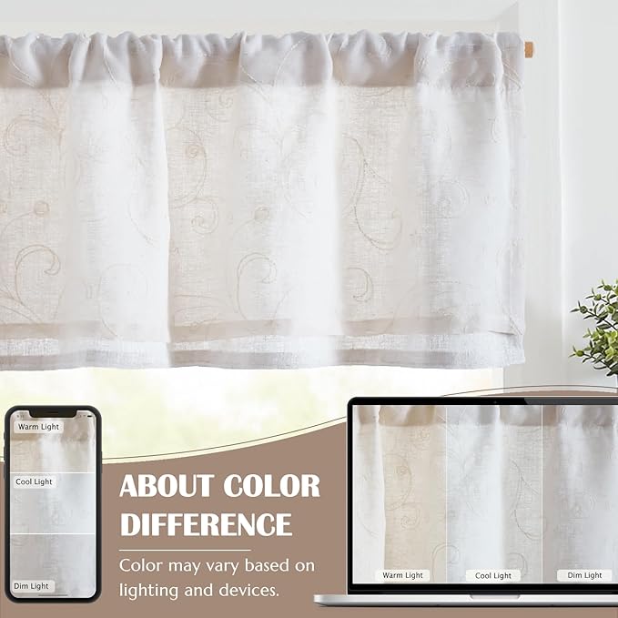 jinchan Linen Valance for Window Embroidered Farmhouse Light Filtering Voile Valance for Living Room Kitchen Beige Cottage Rustic Double Layer Curtain 16 Inch 1 Panel Crude