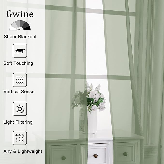 Gwine Sheer Sage Green Curtains 96 Inches Long 2 Panels Set, Light Filtering Voile Fimly Sheer Curtains for Living Room Bedroom, Elegant Soft Airy Rod Pocket Window Treatment, 59Wx96L Inch, 2PCS