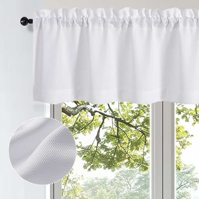 OWENIE Bob Valance Curtains 18 Inch Length 1 Piece, Faux Linen Slub Solid White Kitchen Valance for Bedroom Living Room, Farmhouse Soft Airy Rod Pocket Small Window Curtain, Each 60Wx18L Inch
