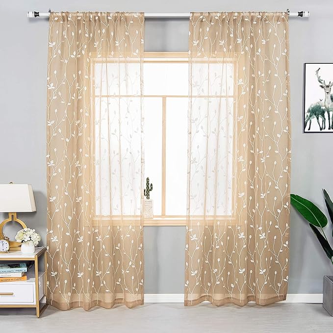 AmHoo 2 Panels Embroidered Leaf Pattern Semi Sheer Curtains Foliage Floral Voile Window Draperies Treatment for Bedroom Living Room Rod Pocket Beige 53 x 84 Inch