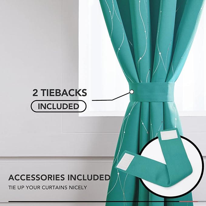 Deconovo Blackout Curtains, Thermal Insulated Soundproof Grommet Drapes, Wave Dots Silver Print, 52 x 72 Inch, Set of 2, Machine Washable Panels for Kitchen Bedroom Living Room Nursery, Turquoise