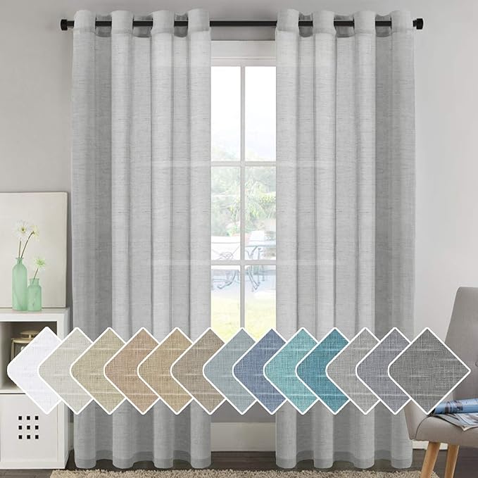 H.VERSAILTEX Linen Curtains Flax Linen Blended Curtain Panels for Living Room/Bedroom Semi Sheer Privacy Curtains 96 inch Length 2 Panels Set Nickel Grommet Window Drapes, Grey
