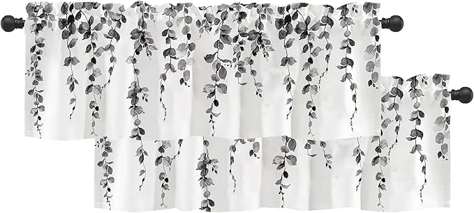 Watercolor Grey Leaves Window Valance for Bedroom Living Room, Gray Leaf Curtains Valanes for Windows, 3" Rod Pocket Window Treatment for Home Decorations, 18 x 54 Inch, 2 Pack