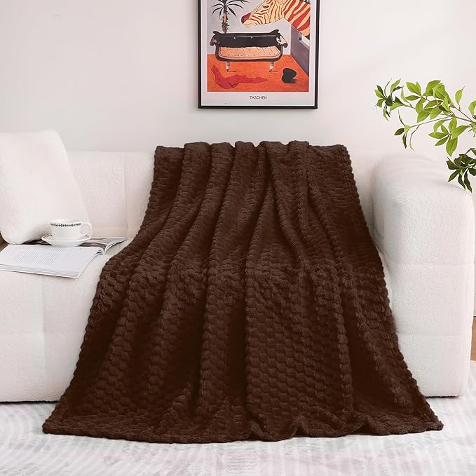 Puncuntex Brown Throw Blanket 108"×90" inches Fuzzy 3D Jacquard Decorative Flannel Fleece Super Soft Plush Cozy Blanket for Couch Sofa Chair Lightweight