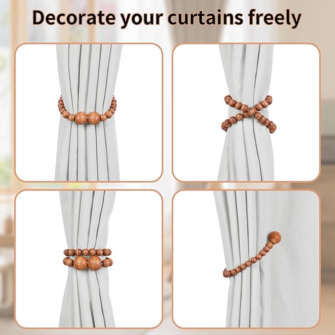 Magnetic Curtain Tiebacks, 4 Pack Curtain Holdbacks for Draperies, Wood Bead Curtain Tiebacks, Curtain Tie Backs for Bedroom Decor, Boho Room Decor, Nursery Decor, Farmhouse Decor, Office Decor