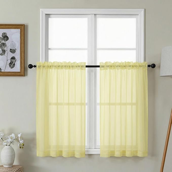 Gwine Light Yellow Sheer Kitchen Curtains 36 Inch Length - Light Filtering Voile Soft Airy Small Cafe Curtains, Short Window Curtain for Bathroom Basement, 42Wx36L inch, 2PCS