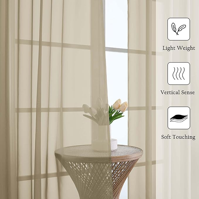 Lecloud Taupe Sheer Curtains 90 Inches Long 2 Panels Set, Living Room Curtains for Bedroom Decor Dual Rod Pocket, Farmhouse Airy Light Filtering Solid Dining Room Drapes, Each Panel 59" W x 90" L