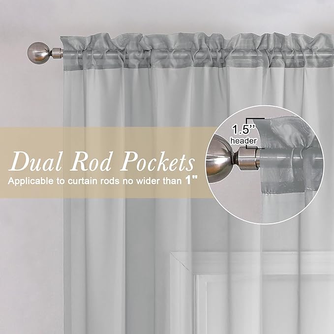 Lecloud Light Grey Sheer Curtains 96 Inches Long 2 Panels, Light Filtering Voile Airy Curtains, Elegant Transparent Solid Window Treatments with Rod Pocket for Living Room Bedroom, Each 42" W x 96" L