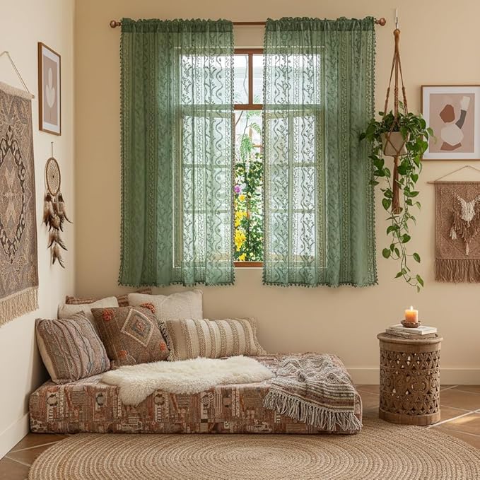 WAZZIO Boho Lace Curtains 2 Panels 63 Inches -Vintage Victorian Sheer Panel Drape French Country Floral Pattern & Tassel Light Filtering Privacy for Bedroom Dining Living Room,Dark Sage Green,W52x L63