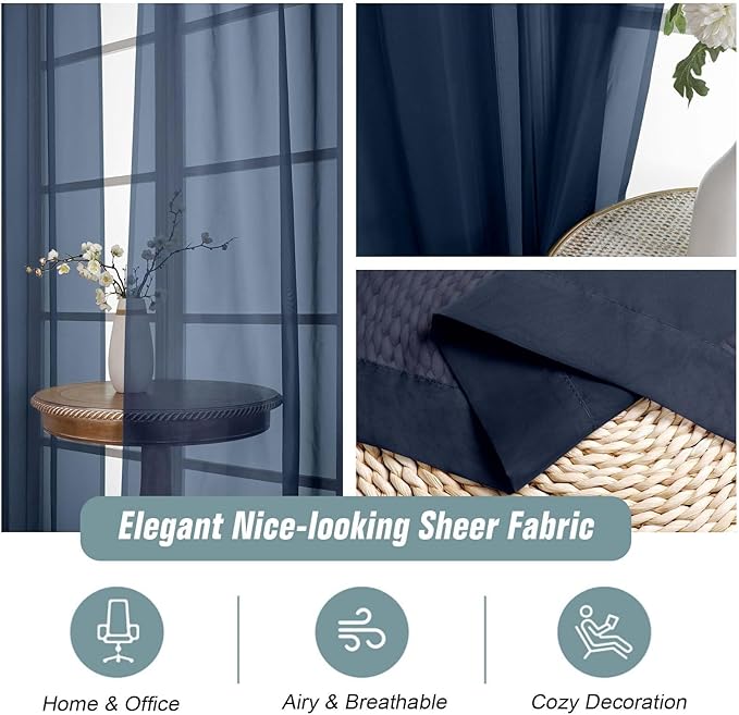 Navy Blue Sheer Curtains for Window 72 inches Long 2 Panels Set, Soft Airy Modern Light Filtering Sheer Curtains for Living Room Bedroom, Dual Rod Pocket Solid Window Drapes, 2x42Wx72L inches