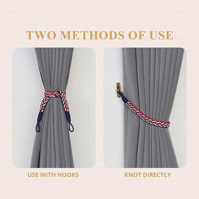 NICEEC 2 Pack Natural Cotton Rope Curtain Tiebacks Elegant Boho Style Decorative Drape Tie Backs Soft Hand-Woven Rope Curtain Holdbacks with Metal Hook for Home & Office Drapery (Flag Color)