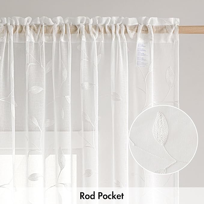 MIULEE White Sheer Curtains 2 Panels Embroidered Leaf Patterned Rod Pocket Floral Semi Sheer Faux Linen Short Window Curtains Drapes Set for Kitchen Bathroom Cafe, 30x30 Inches Length