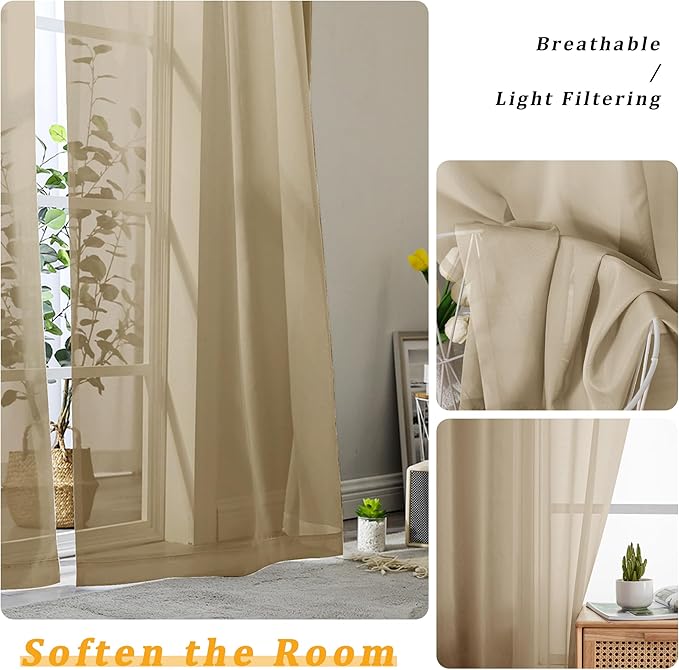Gwine Taupe Sheer Curtains 84 Inches Long 2 Panels Set for Living Room, Rod Pocket Voile Bedroom Curtains, Light Filtering Solid Window Sheer Panels, Each 42" Wx84 L