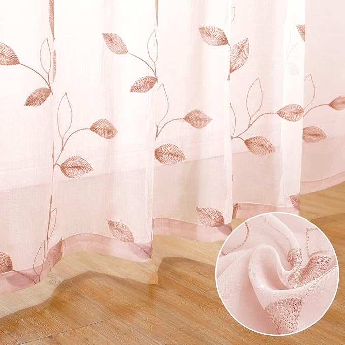 HOMEIDEAS Blush Pink Sheer Curtains 52 X 84 Inches Length 2 Panels Embroidered Leaf Pattern Pocket Faux Linen Floral Semi Sheer Voile Window Drapes for Bedroom Living Room