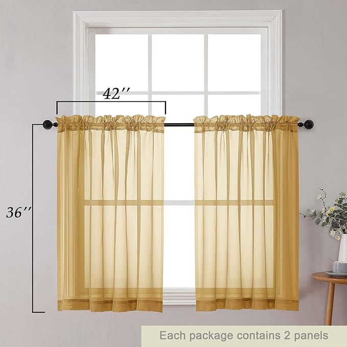 Cafe Curtains 36 Inch Length Tier 2 Pieces, Modern Soft Airy Sheer Kitchen Short Curtains for Small Window, Rod Pocket Small Curtain for Bathroom Basement, Gold, Each, 42" Wx36 L Inches