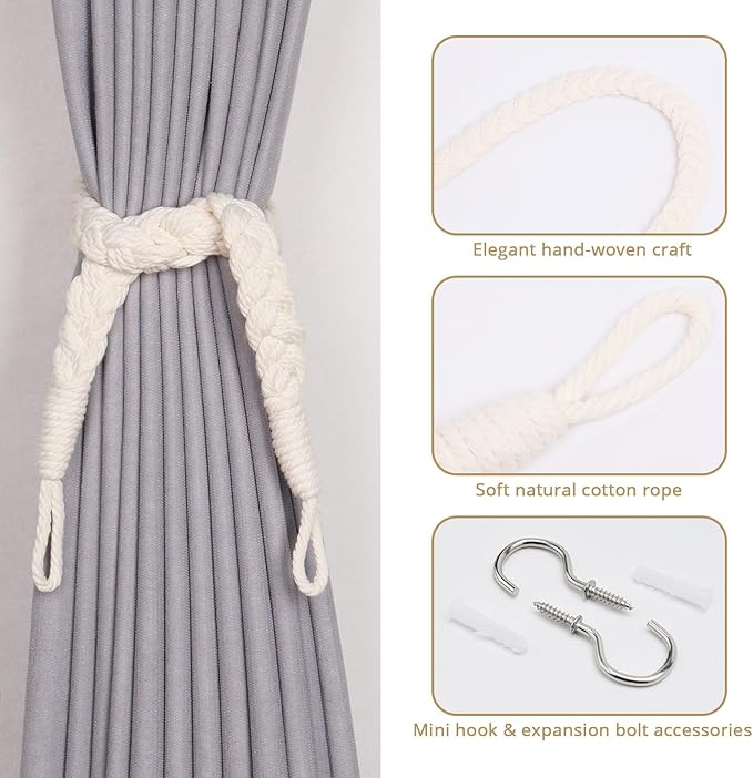 NICEEC 2 Pack Natural Cotton Rope Curtain Tiebacks Elegant Boho Style Decorative Drape Tie Backs Soft Hand-Woven Rope Curtain Holdbacks with Metal Hook for Home & Office Drapery (Cream)
