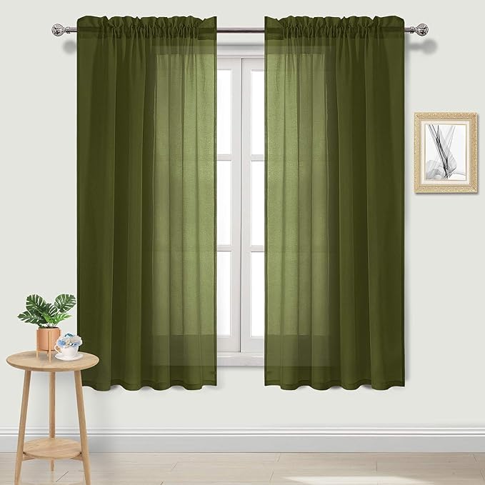 DWCN Olive Green Sheer Curtains Semi Transparent Voile Rod Pocket Curtains for Bedroom and Living Room, 42 x 72 inches Long, Set of 2 Panels