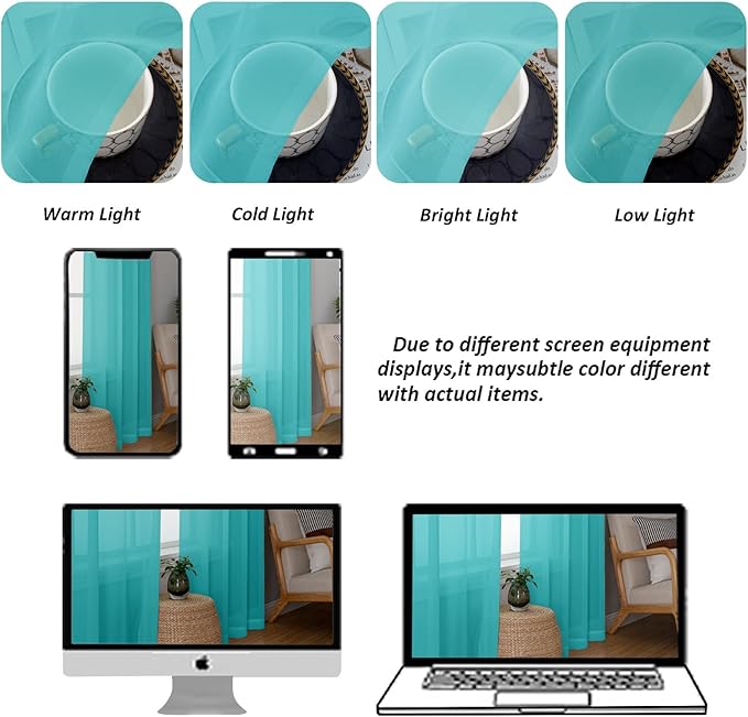 Chyhomenyc Sheer Valances for Windows 2 Pack, Small Window Curtains for Living Room Bathroom Cafe Laundry Basement, Modern Top Dual Rod Pocket Voile Curtain, 42W x 18L inches, Turquoise