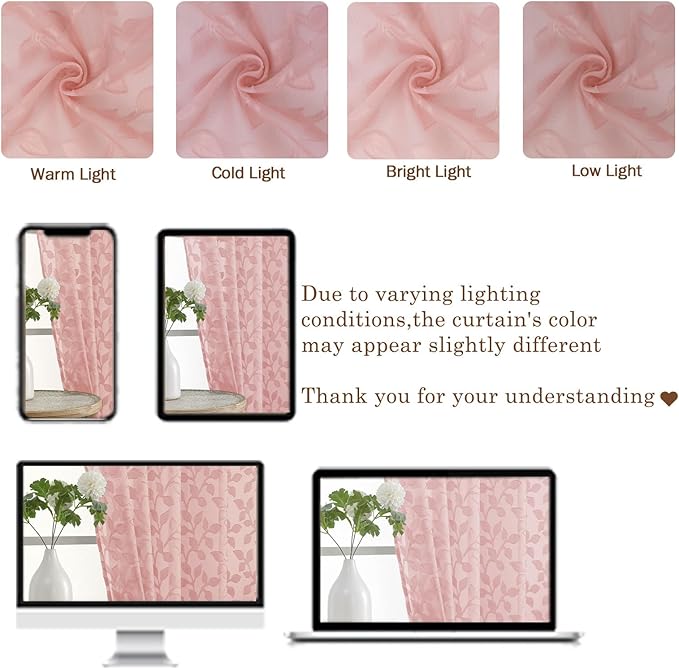 Chyhomenyc Blush Pink Sheer Valances for Windows 14 Inch Length 2 Pcs, Light Filtering Leaf Textured Cafe Short Kitchen Curtains, Top Small Curtain for Living Room Bedroom Basement, 42" W x 14" L