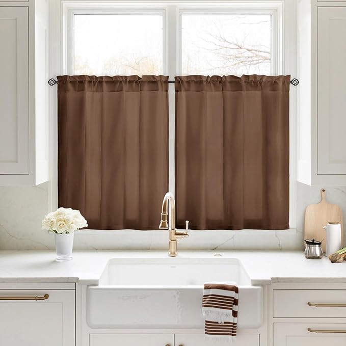 HOMEIDEAS Non-See-Through Brown Privacy Sheer Kitchen Curtains, 30 X 36 Inches Long 2 Panels Short Sheer Curtains Light Filtering Bathroom Window Drapes for Bedroom Living Room