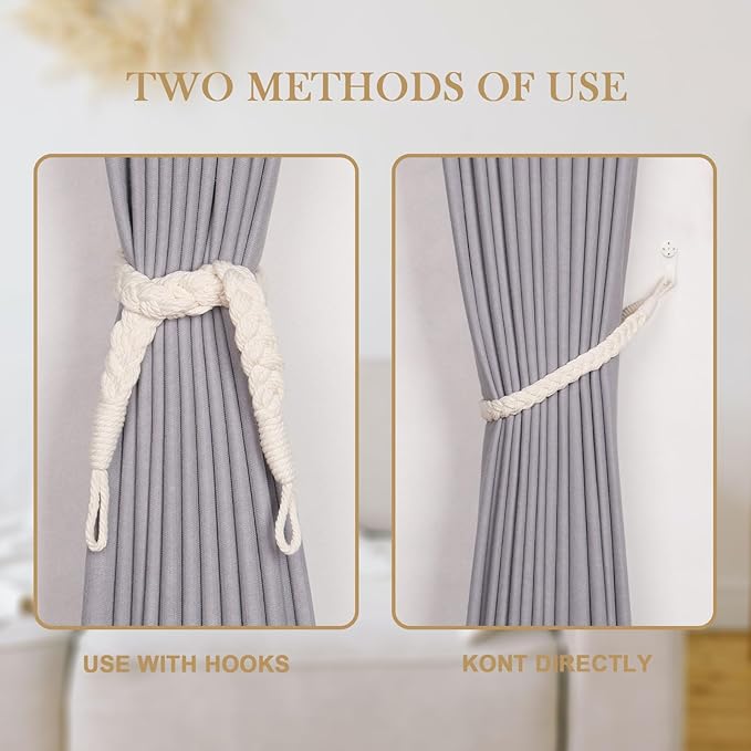NICEEC 4 Pack Natural Cotton Rope Curtain Tiebacks Elegant Boho Style Decorative Drape Tie Backs Soft Hand-Woven Rope Curtain Holdbacks with Metal Hook for Home & Office Drapery (Cream)