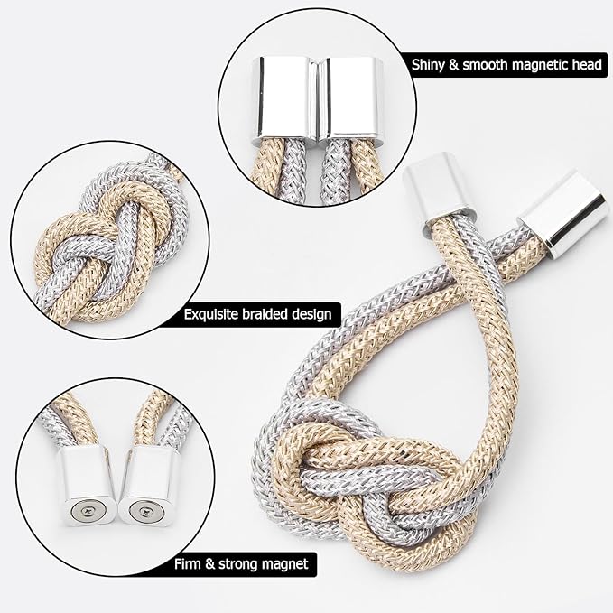 NICEEC 2 Pack Mini Magnetic Curtain Tiebacks Nordic Simple Style Drape Tie Backs Elegant Hand Weave Rope Knot Decorative Curtain Holdbacks for Home & Office Thin Window Drapery (Grey & Beige)