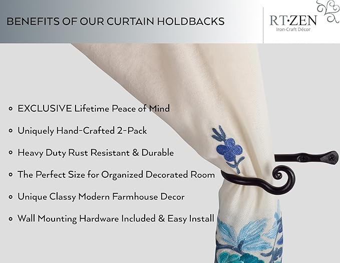 RTZEN Decorative Metal Curtain Tiebacks - Farmhouse Wrought Iron Curtain Holdbacks - Drapery Holders for Wall - Unique Metal Tie Backs for Curtains - 2 Pcs (Black Classic)