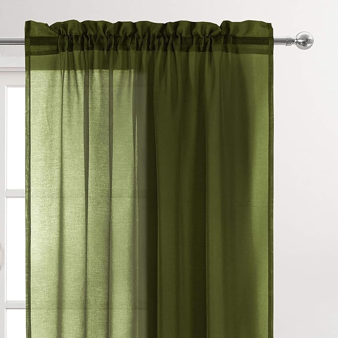 DWCN Olive Green Sheer Curtains Semi Transparent Voile Rod Pocket Curtains for Bedroom and Living Room, 70 x 84 inches Long, Set of 2 Panels