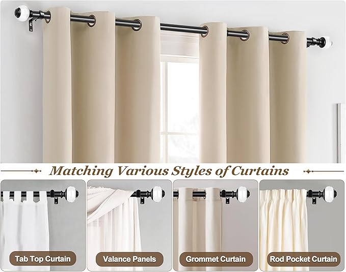 Curtain Rods for Windows 48 to 84 Inch (4-7ft), USFOOK 7/8 Inch Telescoping Splicing Drapery Rods 32 to 86 Inch, Decorative Window Curtain Rod for Home Decor with Matte Black Translucent Finials