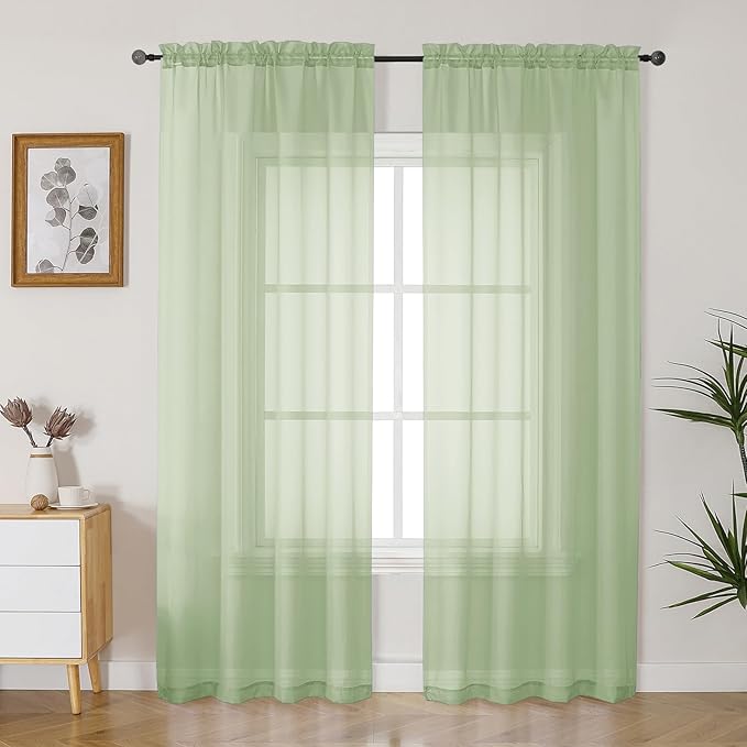 Gwine Light Green Sheer Curtains 84 Inches Long 2 Panels Set for Living Room, Rod Pocket Voile Bedroom Curtains, Light Filtering Solid Window Sheer Panels, Each 42" Wx84 L