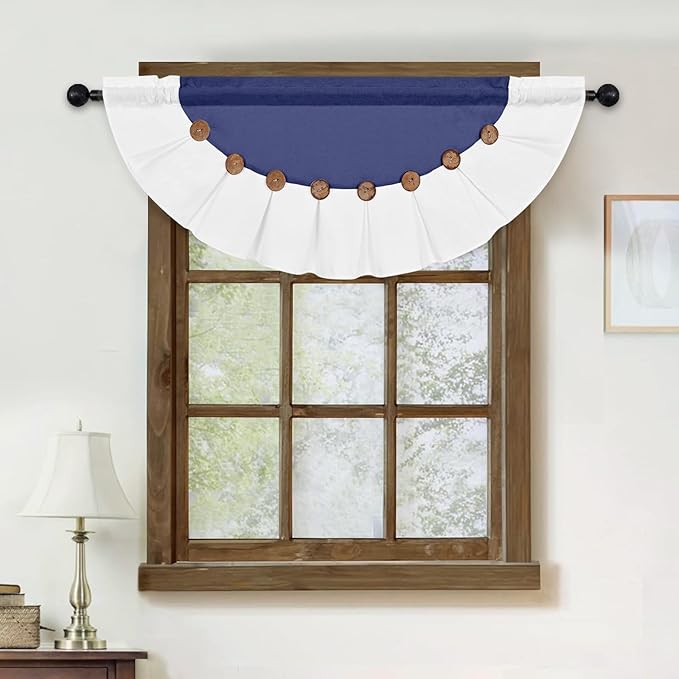 FRAMICS Farmhouse Valance Curtains, Boho Cotton Linen Kitchen Valance, Navy Blue Rustic Button Window Valances for Bathroom Bedroom, Country Rod Pocket Valances for Windows, Semicircular, 52 x 18 Inch