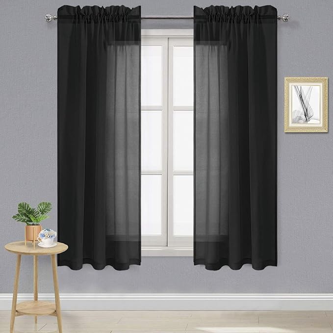 DWCN Black Sheer Curtains Semi Transparent Voile Rod Pocket Curtains for Bedroom and Living Room, 42 x 63 inches Long, Set of 2 Panels