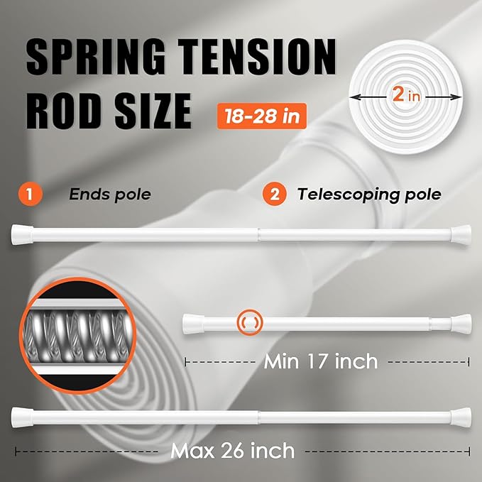 AIZESI White 2pcs Small Tension Rods 17 to 26 Inch, Durable Tension Curtain Rods Short Curtain Rods No Drilling, Spring Tension Rods For Windows No Drilling, Adjustable Spring Rod Tension Non-Slip