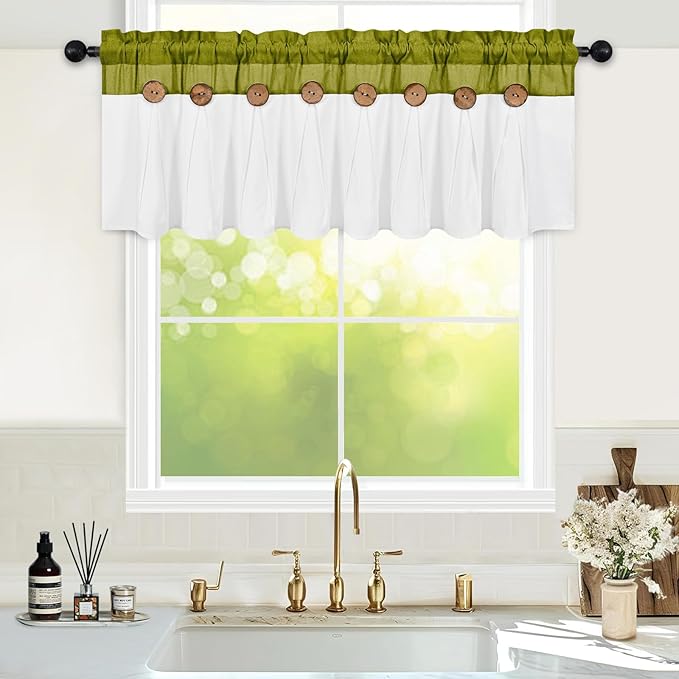 FRAMICS Farmhouse Valance Curtains, Boho Cotton Linen Kitchen Valance, Rustic Button Window Valances for Kitchen Bathroom, Rod Pocket Valances for Windows, Fresh Green and White, 52 x 18 Inch