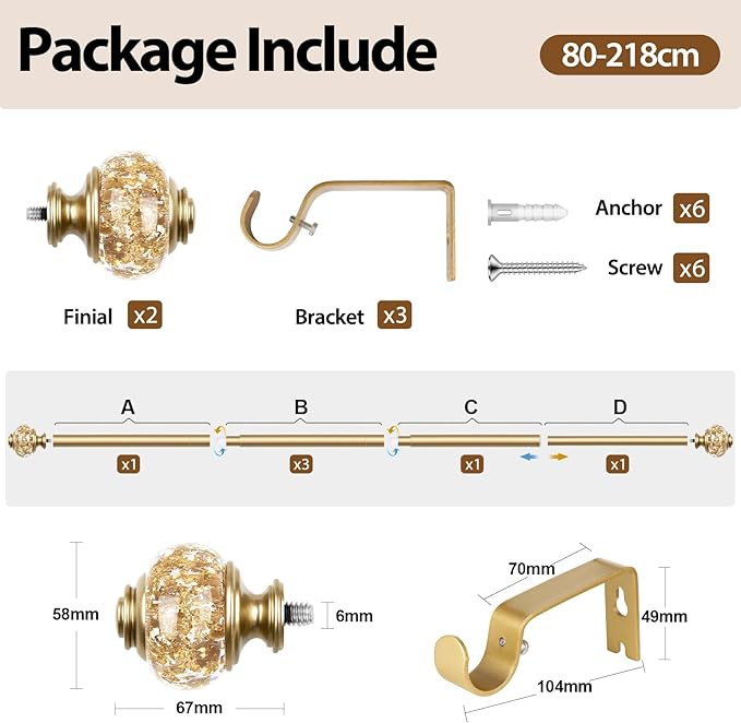 Curtain Rods for Windows 48 to 84 Inch, USFOOK 7/8 inch Luxury Gold Curtain Rod 32 to 86 Inch, Telescoping Splicing Drapery Rods with Decorative Translucent Finials