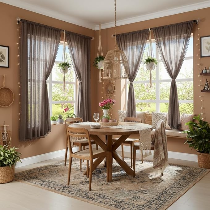 WAZZIO Boho Lace Curtains 63 Inches 2 Panel,Light Filtering Privacy Tassel & Geometry Crochet Semi Sheer Curtain Drapes for Bedroom Living Dining Room,Rod Pocket & Tassel,Chocolate Brown