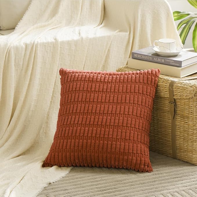 Fancy Homi 4 Packs Boho Burnt Orange Fall Decorative Throw Pillow Covers 18x18 Inch for Couch Bed Sofa, Rustic Modern Farmhouse Home Decor, Soft Plush Corduroy Cute Square Cushion Case 45x45 cm