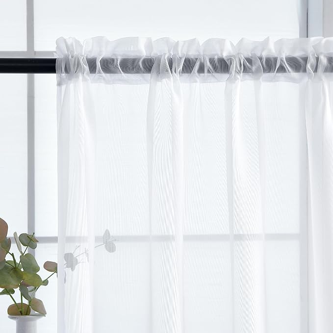 youleyar Solid Sheer Rod Pocket Curtain Voile Draperies 2 Panels White Beige Black Grey Coffee 38 Inch Width 54 Inch Long 1 Pair for Kitchen Bedroom Children Living Room Yard(White,38Wｘ54L)