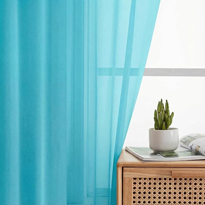Sheer Curtains 84 Inches Long 2 Panels Set for Bedroom Living Room, Soft Airy Light Filtering Modern Solid Rod Pocket Drapes Window Treatments, Aqua, Each 42" W x 84" L