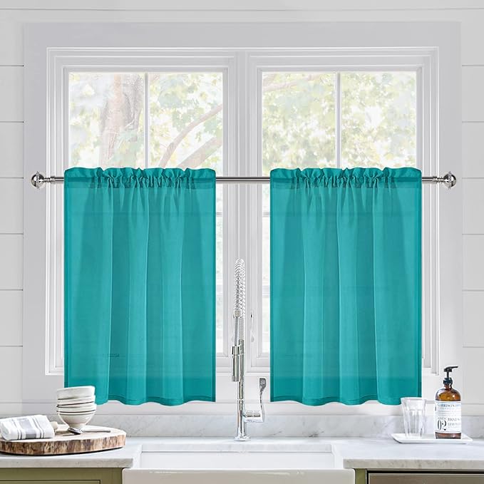 DWCN Turquoise Sheer Curtains for Kitchen Windows - Rod Pocket Semi Transparent Voile Tier Curtains for Bedroom, Living Room, Farmhouse, 36 x 36 inches Long, Set of 2 Panels