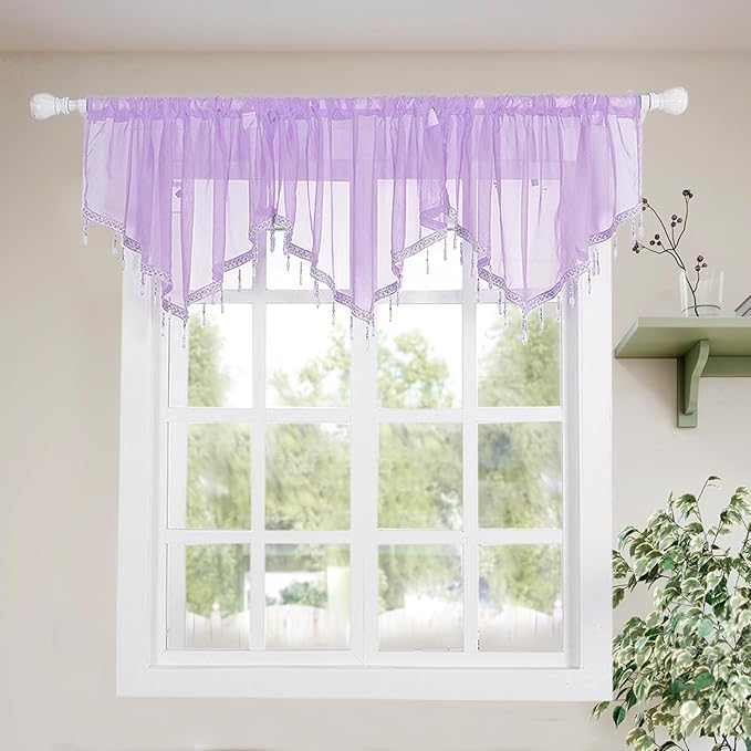 Molaxhome Swag Curtain 51 inch Length Rod Pocket Scalloped Curtain Valance Sheer Lace Panels with Hanging Crystal Beads for Kitchen Bedroom Window Treatments Drape Decor 1pc (Purple, 51Wx23L)
