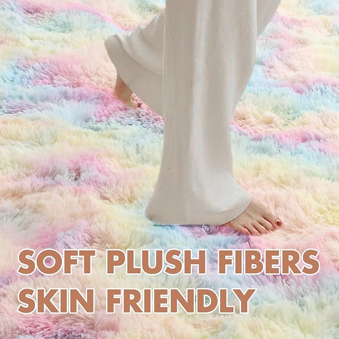 4x6 Ft Shag Kids Colorful Rugs for Bedroom, Ultra Soft Fluffy Furry Area Rugs for Nursery Living Room Indoor Floor, Aesthetic Carpet Home Decor (Rainbow)
